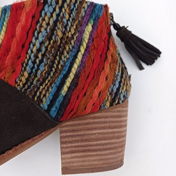 TOMS Leilia Brown Suede Ankle Boot Multicolor Woven Cuff  Block Heel Tassel Sz 7 - Picture 6 of 8
